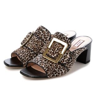 BALLY CALF HAIRCALF Bally Leopard Print Mules with Gold Accent